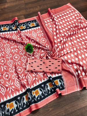Peach ikkat print mulmul cotton saree with blouse. 5