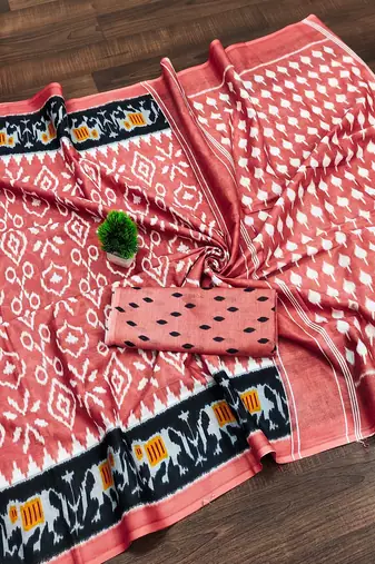 Peach ikkat print mulmul cotton saree with blouse.