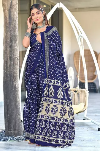 Blue floral, bandhani print mulmul cotton saree with blouse.