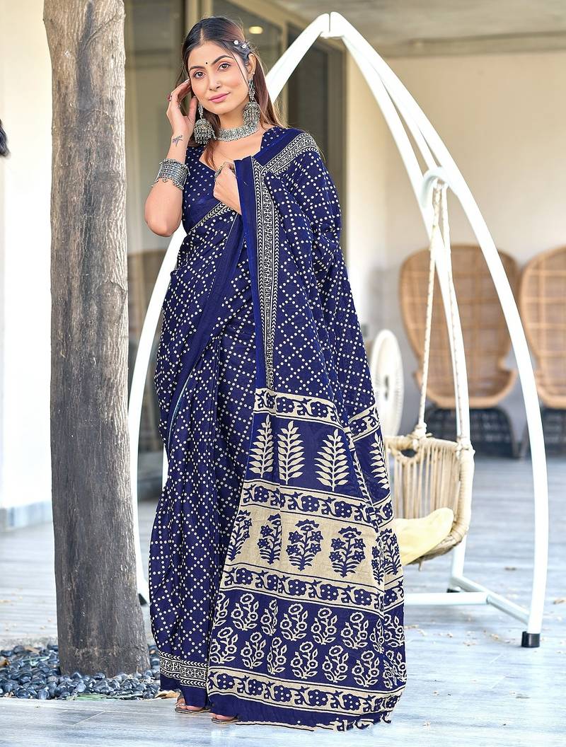 Blue floral, bandhani print mulmul cotton saree with blouse.