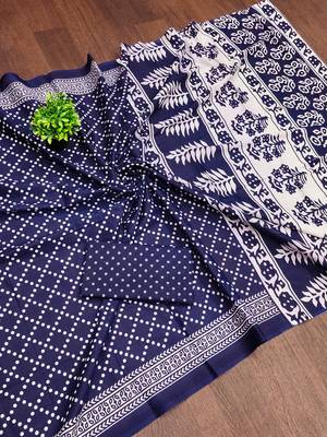 Blue floral, bandhani print mulmul cotton saree with blouse. 5