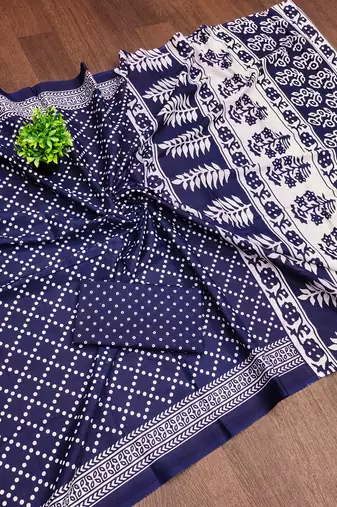 Blue floral, bandhani print mulmul cotton saree with blouse.