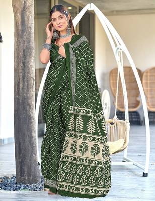 Green floral, bandhani print mulmul cotton saree with blouse. 1