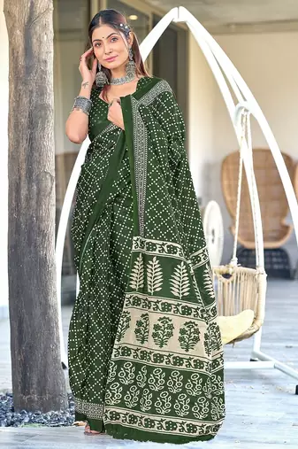 Green floral, bandhani print mulmul cotton saree with blouse.