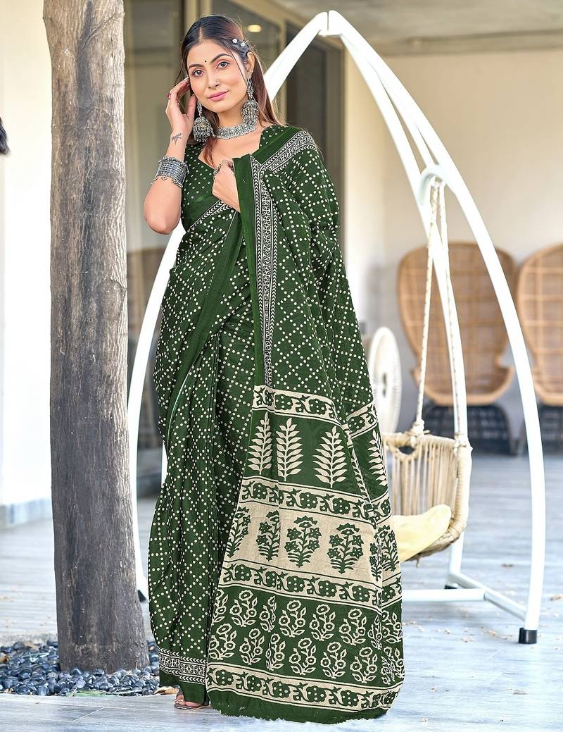 Green floral, bandhani print mulmul cotton saree with blouse.