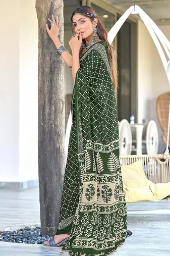 Green floral, bandhani print mulmul cotton saree with blouse.