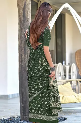 Green floral, bandhani print mulmul cotton saree with blouse.