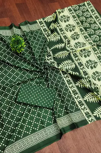 Green floral, bandhani print mulmul cotton saree with blouse.