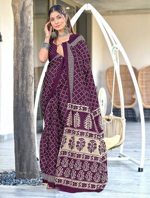 Purple floral, bandhani print mulmul cotton saree with blouse. 1