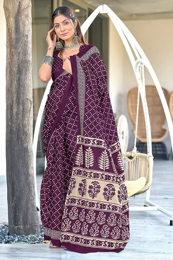 Purple floral, bandhani print mulmul cotton saree with blouse.