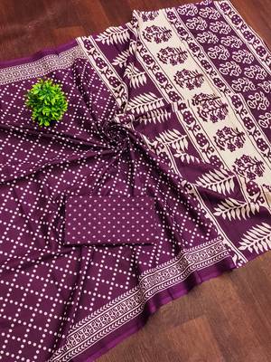 Purple floral, bandhani print mulmul cotton saree with blouse. 5