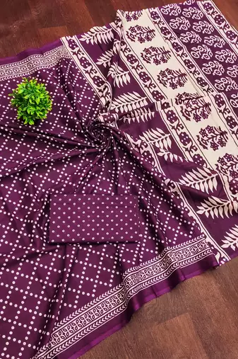 Purple floral, bandhani print mulmul cotton saree with blouse.