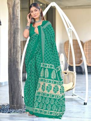 Teal green floral, bandhani print mulmul cotton saree with blouse. 1