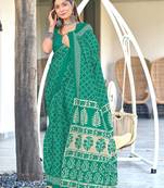 Teal green floral, bandhani print mulmul cotton saree with blouse.