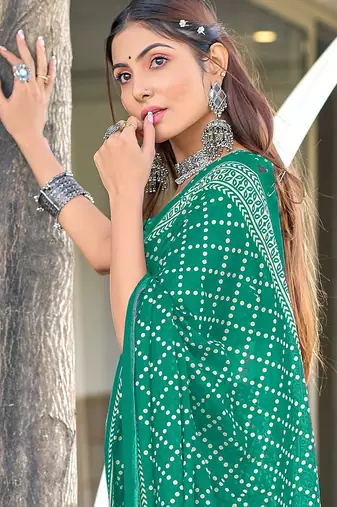 Teal green floral, bandhani print mulmul cotton saree with blouse.