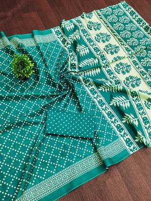 Teal green floral, bandhani print mulmul cotton saree with blouse. 5