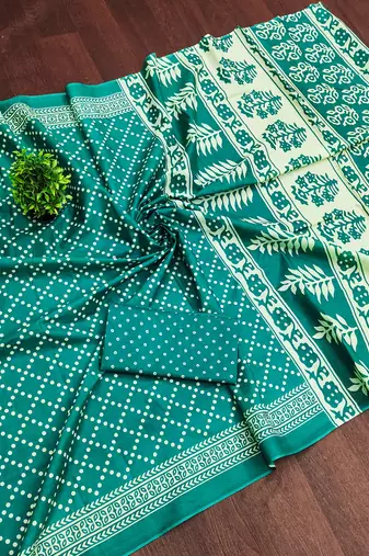 Teal green floral, bandhani print mulmul cotton saree with blouse.