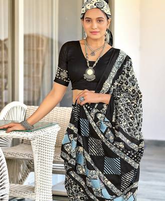 Black batik print mulmul cotton saree with blouse. 2