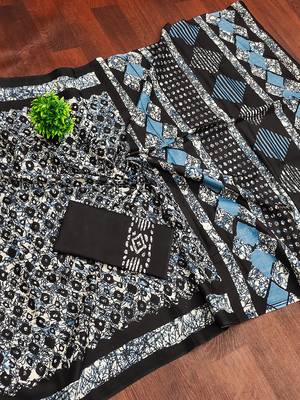 Black batik print mulmul cotton saree with blouse. 5