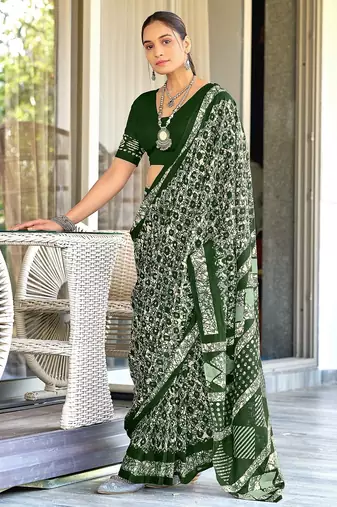 Green batik print mulmul cotton saree with blouse.