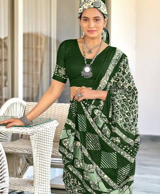 Green batik print mulmul cotton saree with blouse. 2