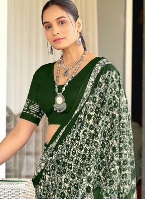 Green batik print mulmul cotton saree with blouse. 3