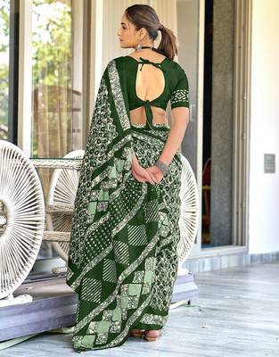 Green batik print mulmul cotton saree with blouse. 4