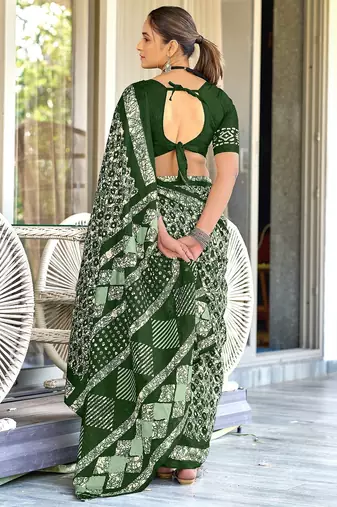Green batik print mulmul cotton saree with blouse.