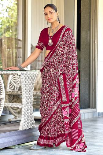Pink batik print mulmul cotton saree with blouse.