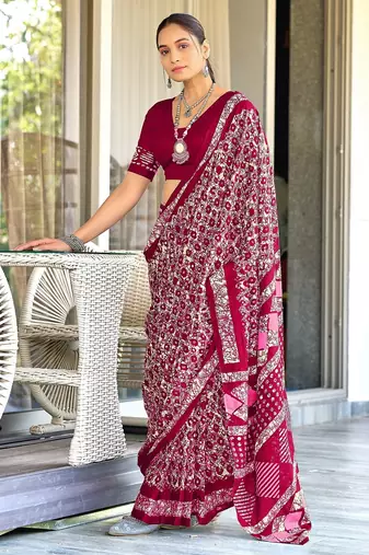 Pink batik print mulmul cotton saree with blouse.