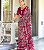 Pink batik print mulmul cotton saree with blouse.