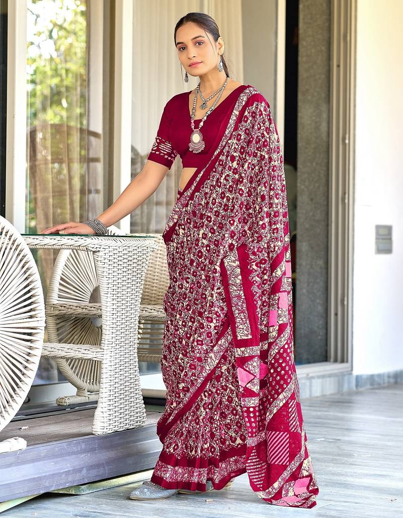 Pink batik print mulmul cotton saree with blouse.