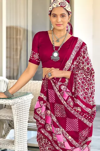 Pink batik print mulmul cotton saree with blouse.
