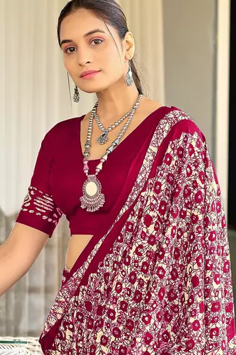 Pink batik print mulmul cotton saree with blouse.