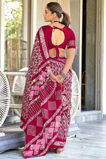 Pink batik print mulmul cotton saree with blouse.