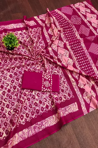 Pink batik print mulmul cotton saree with blouse.