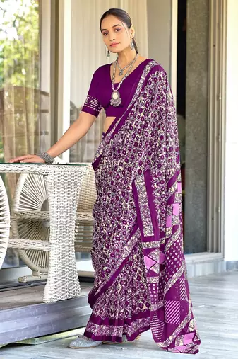 Purple batik print mulmul cotton saree with blouse.