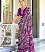 Purple batik print mulmul cotton saree with blouse.