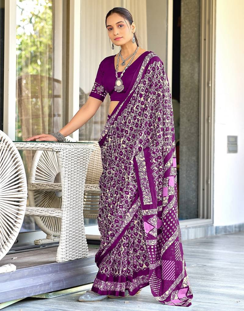 Purple batik print mulmul cotton saree with blouse.