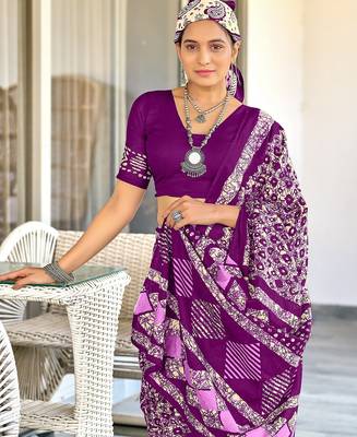 Purple batik print mulmul cotton saree with blouse. 2