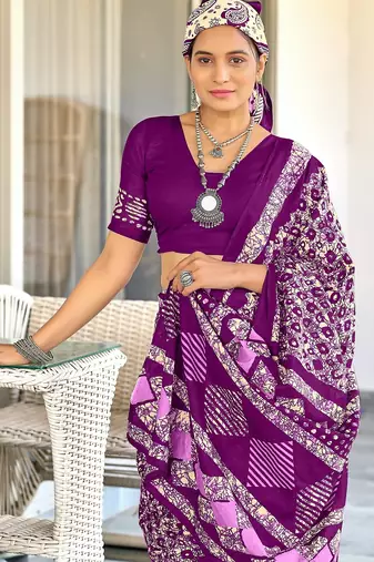 Purple batik print mulmul cotton saree with blouse.