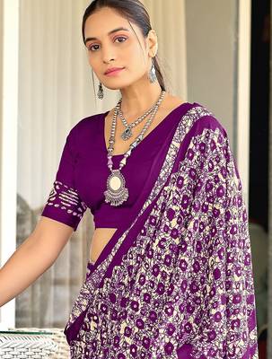 Purple batik print mulmul cotton saree with blouse. 3