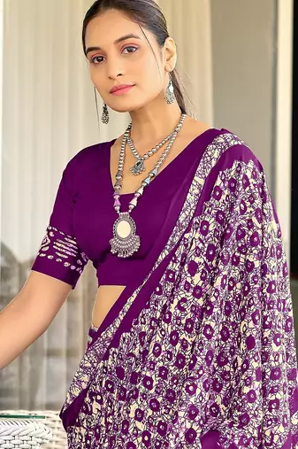 Purple batik print mulmul cotton saree with blouse.