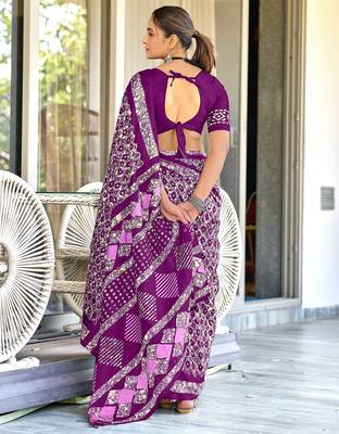 Purple batik print mulmul cotton saree with blouse. 4