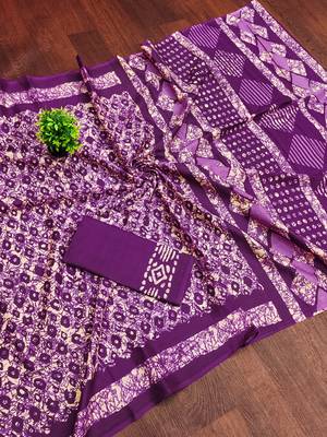 Purple batik print mulmul cotton saree with blouse. 5