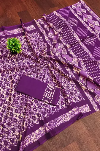 Purple batik print mulmul cotton saree with blouse.