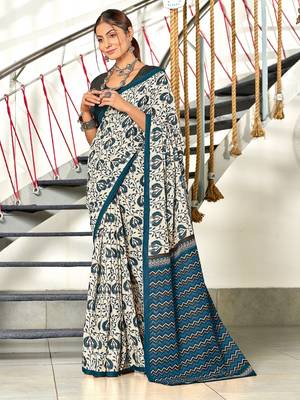 Blue floral, zigzag print mulmul cotton saree with blouse. 1