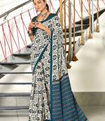 Blue floral, zigzag print mulmul cotton saree with blouse.