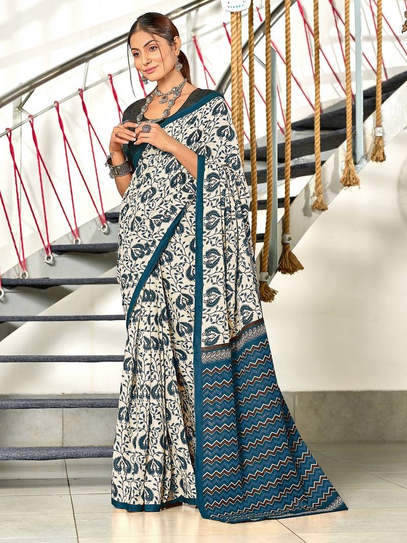 Blue floral, zigzag print mulmul cotton saree with blouse.