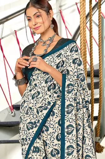 Blue floral, zigzag print mulmul cotton saree with blouse.